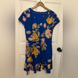 ADRIANNA PAPELL Women’s Blue Floral Cap Sleeve Ruffle Hem Dress Size 12